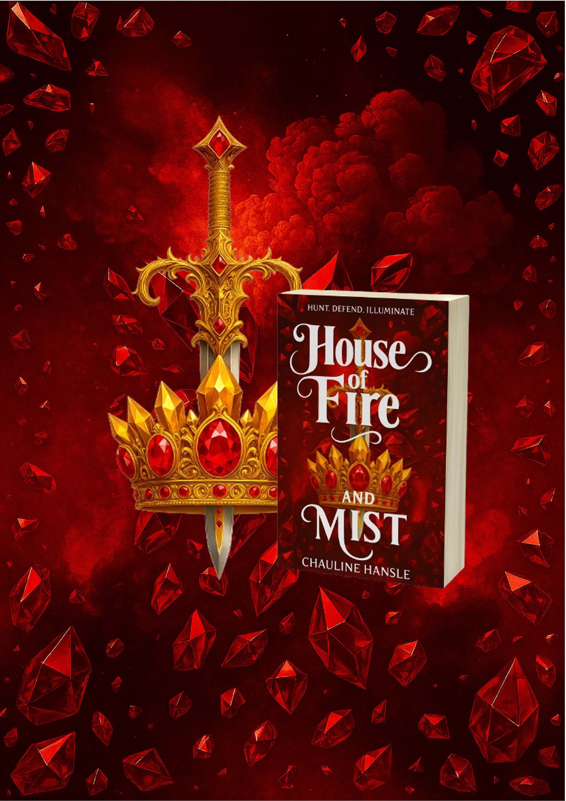 CHAULINE HANSLE House of Fire and Mist book cover with crown and sword on a red gemstone background.