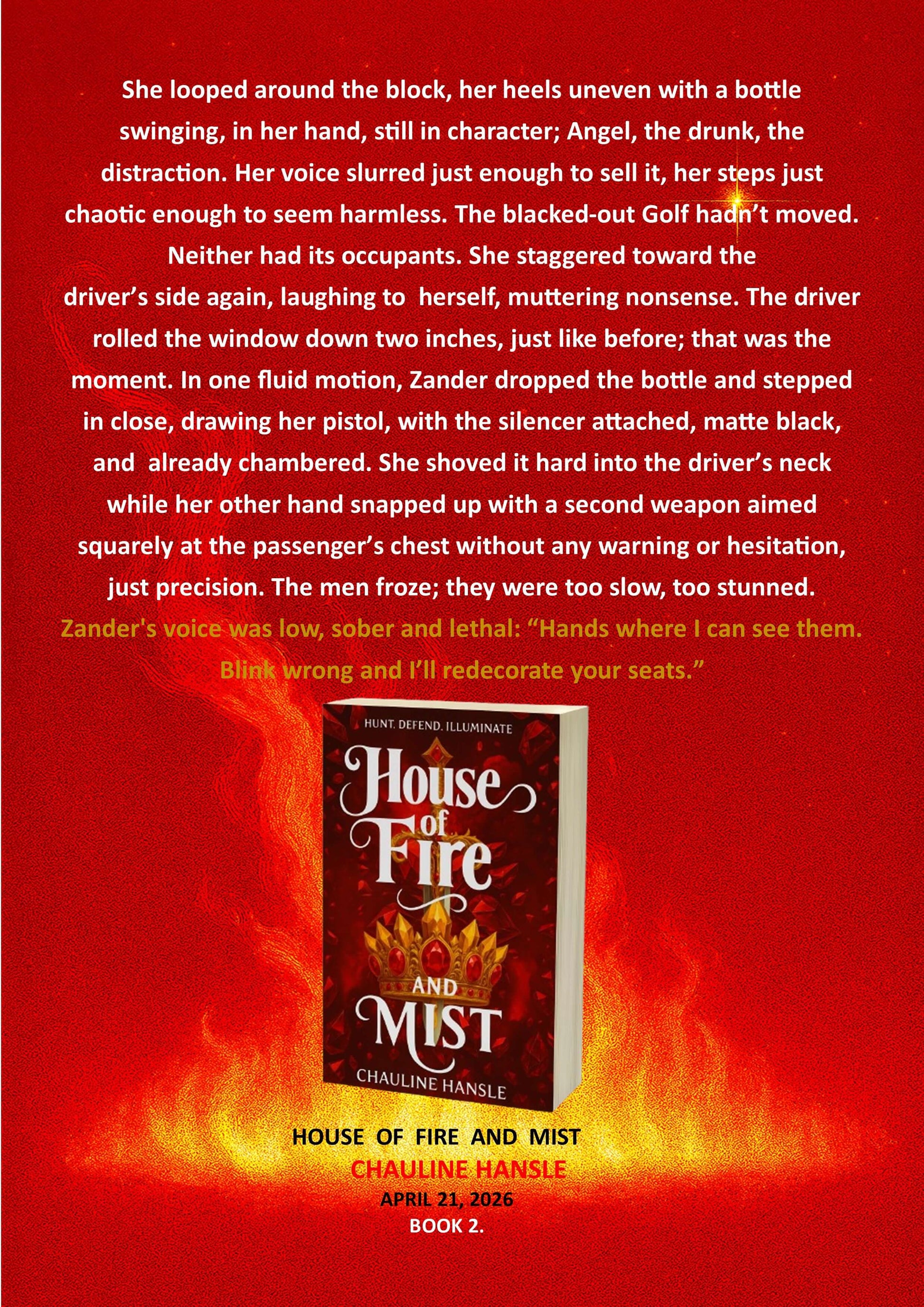 CHAULINE HANSLE: House of Fire and Mist book cover featuring fiery elements and dramatic scene.